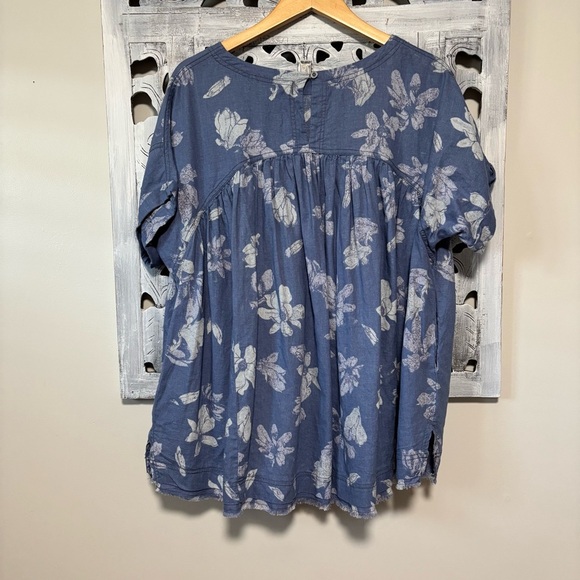 Free People Moon City Blue/White Floral Print Linen Blend Oversize Babydoll Top - Picture 7 of 12